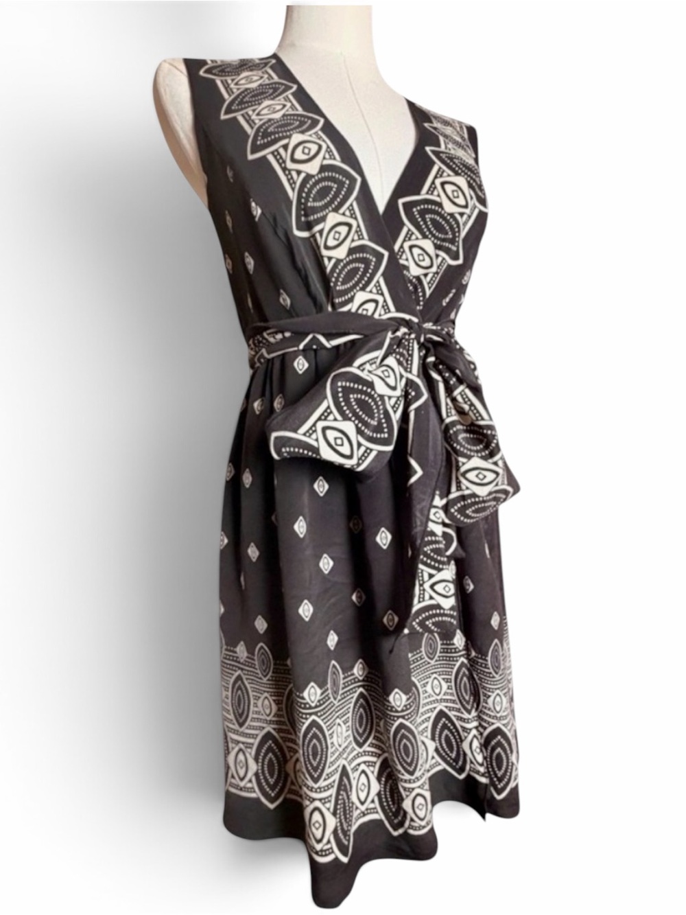 Anna Sui 100% Silk Geometric Wrap Mini Dress Black Ivory Women M
